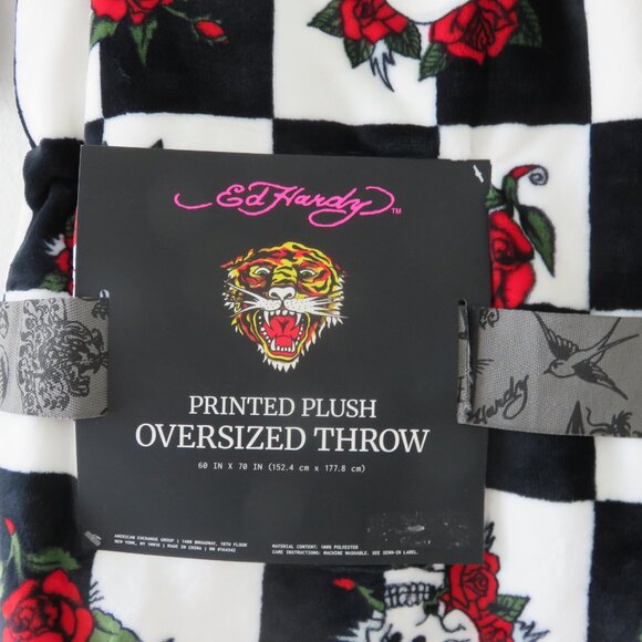 Ed Hardy Black And White Checkered Skull Roses Oversized Throw 60 x 70" in - Picture 3 of 5